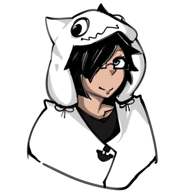 Aayla wearing a hoodie resembling an odd 'Happy Ghost.'